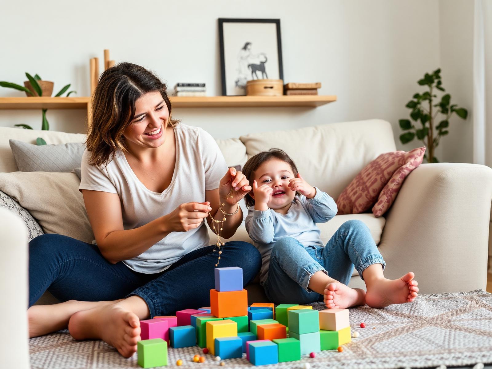 Mãe e filha brincando juntas com blocos de madeira coloridos, sem telas