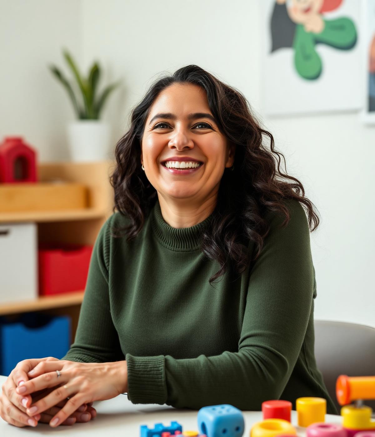 Fundadora do Brincar sem Telinha sorrindo em ambiente com brinquedos educativos